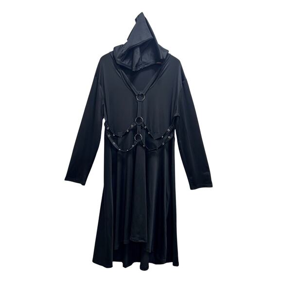 Gothic Cape Dress 2XL Black Hooded Cage Grommet Style Long Sleeve Witchy Emo - Picture 2 of 9